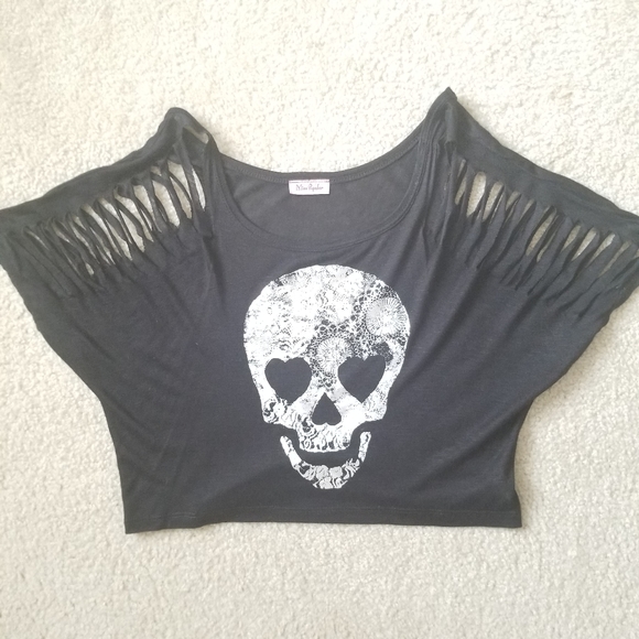miss popular Tops - Black Metallic Ripped Skull Cropped Tshirt